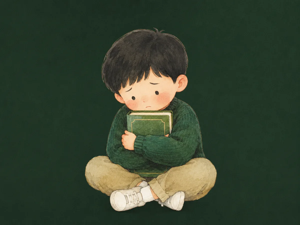 덮인 책을 안고 시무룩하게 앉은 남자아이